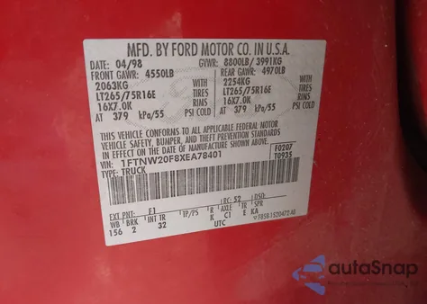 1999 Ford F-250 Lariat/Xl/Xlt из США, поврежденный, VIN 1FTNW20F8XEA78401